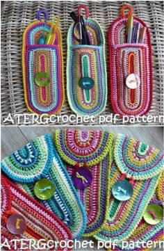 crocheted purses with buttons and pins on them