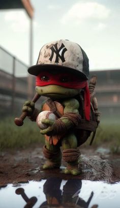 a toy baseball player with a hat and glove holding a bat in his hand while standing on the ground