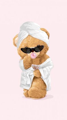 a brown teddy bear wearing sunglasses and a white towel on its head, with a pink background