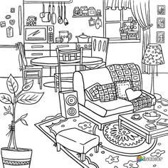 a black and white drawing of a living room