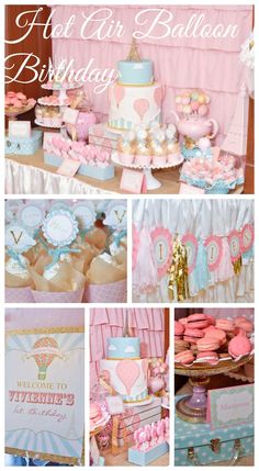 a pink and blue birthday party with lots of cake, cupcakes and cookies