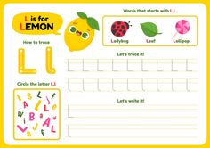 the letter l is for lemon worksheet with pictures and words to practice letters