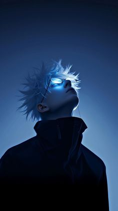 a man with white hair and sunglasses on his head looking up at the night sky