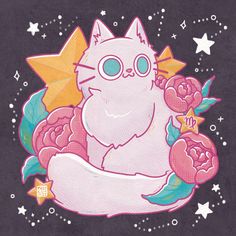 a drawing of a cat with flowers and stars on it's chest, sitting in front of a black background