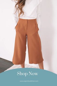 This 100% polyester camel Back It Pants is a slight cropped length, relaxed fit, high waisted, darts on waist, zipper on centre front, pockets, wide-leg silhouette and is true to size. Wear these pants for women with a plain blouse & heels for a day at the office or drinks after work. #affiliate #argonbluefashion #Australia #onlineshopping #womenswear #outfit #fashion #shopping Culotte Pants, Plain Blouse