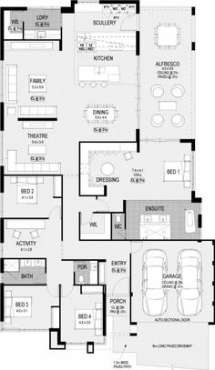 the floor plan for a two story house with three car garages and an attached living area