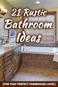 the bathroom is decorated in rustic style with wood cabinets and tile flooring, along with a large bathtub