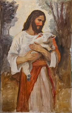 a painting of jesus holding a lamb in his arms