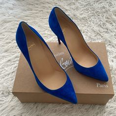 Suede Blue High Heel Pump, Pointed Toe 100mm (4 In ) Heel New With Box And Dust Bag Never Worn Designer Blue Heels For Wedding, Elegant Fitted Blue Court Shoes, Elegant Blue High Heels, Designer Blue Almond Toe Heels, Elegant Blue Court Shoes With Sculpted Heel, Luxury Blue Heels With Sculpted Heel, Elegant Blue Heels For Office, Designer Blue Pointed Toe Heels, Elegant Blue Court Shoes For Evening