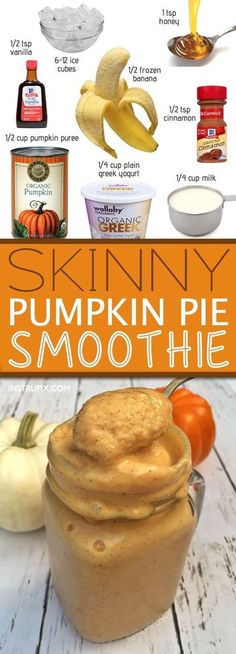 pumpkin pie smoothie recipe in a glass bowl with ingredients on the side and an orange background