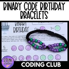 a pair of purple and green beaded bracelets with the words,'birthday code birthday