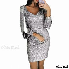 Olivia Mark - Seductive Long-Sleeved Bodycon Dress with Sequins, Beads, and Fringes for Parties and Formal Occasions Bling Dress Party, Women Party Outfits, Clothes For Wedding, Party Ideas For Women, Party Dress Mini, Dress For Women Party, Summer Casual Dresses, Sleeved Mini Dress, Silver Dresses