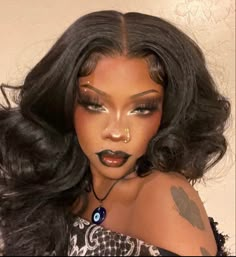 Black Woman Makeup Aesthetic, Vampire Makeup Halloween Black Women, Atl Make Up, Black Alt Makeup Looks, Black Goth Makeup Looks, Aesthetic Makeup Black Women, Face Make Up Halloween Women, Emo Black Women Makeup, Bratz Makeup Look Black Women