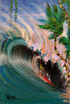 a painting of a wave with palm trees in the foreground