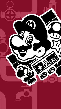 the mario sticker is shown in black and white on a red background with an image of