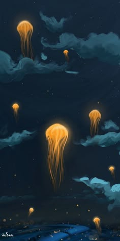 jellyfish floating in the sky at night with clouds and stars above them, all lit up