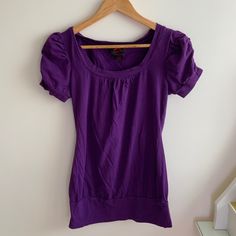 Purple Body Central Y2k Top Puffy Sleeves Band On The Bottom Can Be Worn Cropped Or Long Depending On Where You Put The Band Never Worn Y2k, Elena Gilbert, Bella Swan, Twilight Fitted Purple Top In 90s Style, Fitted 90s Style Purple Top, 90s Style Fitted Purple Top, Casual Fitted Puff Sleeve T-shirt, Casual Fitted T-shirt With Puff Sleeves, Purple Short Sleeve Y2k Top, Purple Short Sleeve Y2k Style Tops, Fitted Basic Purple Top, Y2k Purple Short Sleeve Tops