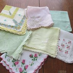 "The 8 vintage ladies handkerchief with scalloped edges from which to choose one.   Estate sale hankies have not been laundered after found.  No holes or spots noticed. Choose one from drop down menu. 1.  cotton pink flowers scalloped edge --11\" 2. mint green open cutwork border  all cotton--11\" 3. yellow border 2 stickers Dacron and cotton--14\" 4. green flowers scallop border 14\" dis colored in places.--14\" JC Penney price sticker 5.  Pastel Yellow / white flower in corner  12\" 6. Lace tr Metal Plant Hangers, Crochet Rag Rug, Wedding Birdcage, Yellow Border, Scallop Border, Ladies Handkerchiefs, Edge Stitching, Vintage Bird Cage, Wedding Card Holder