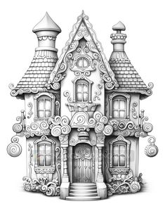 a black and white drawing of a house with lots of decorations on the front door