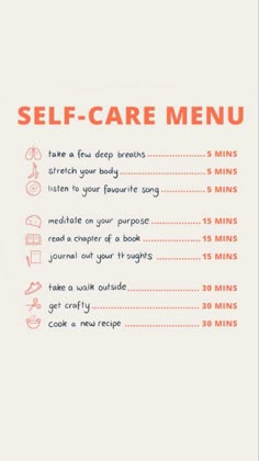 the menu for self - care menu is shown in red and white, with an orange outline