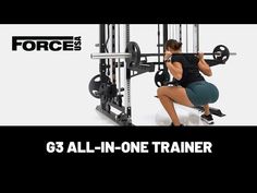 a woman squats in front of a power rack with the text force 25 all - in - one trainer