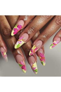 24 Pcs Stiletto Press on Nails Long Almond Fake Nails with Colorful Flower French Tip False Nails Glossy Acrylic Glue on Nails for Women Girls Full Cover Artificial Stick on Nail for Women Daily Wear Yellow French Tip, Press On Nails French Tip, Press On Nails French, Nails Press Ons, Yellow French, Almond Press On Nails, Nails French Tip, Nails Flower, French Tip Press On Nails