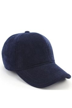 a baseball cap that is on top of a white surface and has a blue corded visor