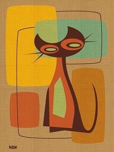 an abstract painting with a cat sitting on top of it's back legs and eyes