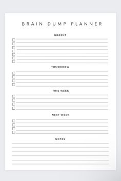 a printable brain dump planner is shown