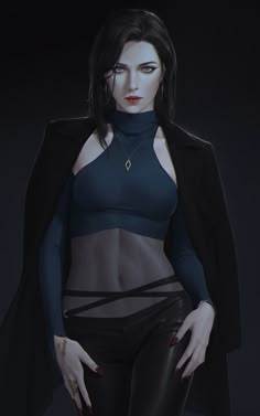 a woman with dark hair and black clothes is posing for the camera in front of a dark background