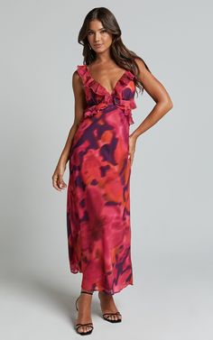 Alessa Midi Dress - V Neck Frill Detail Empire Waist Back Cut Out Dress in ADEANA PRINT Glamorous V-neck Dress With Ruffles, Sleeveless V-neck Dress With Ruffles For Date Night, Flirty V-neck Midi Dress For Brunch, Ruffled Maxi V-neck Dress For Party, Ruffled Maxi Length V-neck Dress For Party, Floral Print V-neck Maxi Dress For Night Out, Ruffled Surplice Neckline Dress For Date Night, Ruffled Dresses With Surplice Neckline For Date Night, Maxi Length V-neck Ruffle Dress For Party