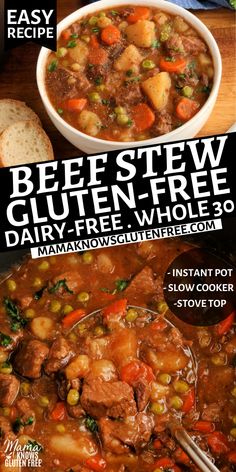 Gluten-free beef stew in a white bowl with bread and a pot of beef stew with a ladle. Soy Free Dairy Free Recipes, Gluten Free Beef Stew, Gluten Free Dairy Free Recipes Dinner, Instant Pot Ground Beef, Gluten Free Dairy Free Dinner, Gluten Free Crock Pot Recipes, Easy Beef Stew Recipe, Gluten Free Instant Pot, Dairy Free Meals