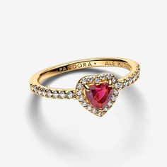 Elevated Heart Ring | Gold plated | Pandora US Heart Ring Red, Rings With Red Stones, Pandora Gold Heart Ring, Gold Pandora Ring, Red And Gold Ring, Red Ring Aesthetic, Pandora Gold Rings, Promise Rings Aesthetic, Red And Gold Aesthetic