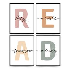 four letter posters with different colors and font