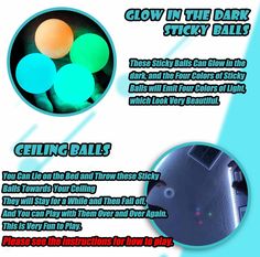 an advertisement for glow in the dark sticky balls with instructions on how to use them