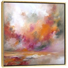 an abstract painting with pink, orange and blue colors on the sky above water in front of white clouds