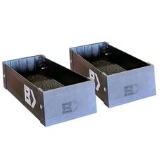 two metal storage containers filled with gravel