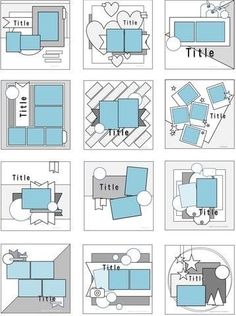 the different layouts and shapes of a photo album with blue paper cut out to make it