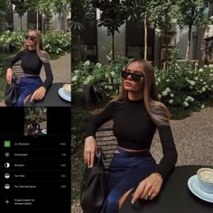 a woman sitting at a table with a cup of coffee in front of her and another photo of herself