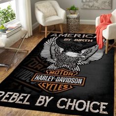 a living room area rug with an eagle and harley - davidson style logo on it