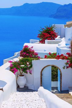 a white building with blue doors and flowers on the outside, next to water in the background