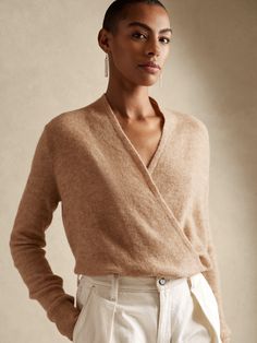 Aire Wrap-Front Sweater | Banana Republic Fitted Cashmere Sweater, Drapey Sweater, Wrap Front Sweater, High Rise Style, Wardrobe Planning, Front Sweater, Soft Classic, Plunge Neckline, Banana Republic Women