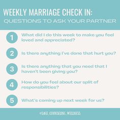 Weekly marriage check-in! Asking yourself these questions can help strengthen your marriage😊🌸 Send to someone who would appreciate this post.   #marriagegoals#marriagequotes#healthyrelationships#relationshiphelp#marriagequotes#marriagelife#loveadvice#relationships101#couplescounseling#premaritalcounseling Premarital Counseling Questions, Communicate Your Needs, Marriage Meeting, Couples Therapy Worksheets, Strengthen Your Marriage, Love Is A Verb, Premarital Counseling, Loving Relationships