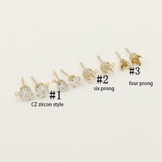 14K Gold Filled Claw Earring Settings w/ Backs, Gold Filled Earring Posts w/ Claw Bezel, 4/6 Prongs Post Earring, Earring Settings material: 14k gold filled, gold filled size:  ear back stopper size: 3.5*4.5mm 1# CZ zircon ear post diameter 5mm, needle thickness 0.8mm, closed loop hole 0.85mm diameter 6mm, needle thickness 0.8mm, closed loop hole 0.85mm 2# six prong earring bazel setting diameter 5mm, needle thickness 0.8mm, closed loop hole 0.85mm diameter 6mm, needle thickness 0.8mm, closed lo Claw Earrings, Earring Posts, Gold Filled Earrings, Post Earrings, Or Rose, Gold Filled, Craft Supplies, Gold