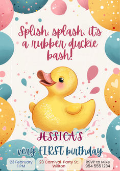 Make a splash with our Editable Rubber Duckie Birthday Invitation! Perfect for a 1st birthday party with a bath time theme, this cute duck party invite template is ideal for celebrating your little girl’s special day. Easily customizable and available as an instant download, personalizing your invitation is quick and easy. Add your event details and get ready for a quacking good time! 🦆🎈 #RubberDuckieParty #1stBirthdayInvite Duck Themed 3rd Birthday, Duck Bday Theme, Rubber Duck Themed Birthday Party, Duck Themed 2nd Birthday Party, Duck Theme Birthday Party, Duck Themed Birthday Party, Duck Themed 1st Birthday, Rubber Duck Invitation, Rubber Ducky Birthday Party