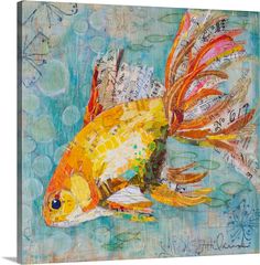 a painting of a goldfish with lots of words on it's back side