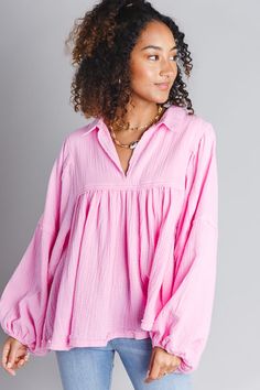 Pink Loose Feminine Top, Spring Long Sleeve Cotton Gauze Tops, Oversized Feminine Pink Top, Pink Bohemian Relaxed Fit Blouse, Pink Flowy Cotton Top, Flowy Pink Cotton Tops, Pink Cotton Smock Blouse, Spring Flowy Cotton Gauze Tops, Spring Cotton Gauze Flowy Tops