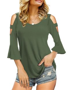 PRICES MAY VARY. Feature: Cold shoulder, round neckline, 3/4 cutout bell sleeves, loose fit, a variety of cute solid colors are available Suitable for everyday lounge and work wear or specific occasions such as offices, party, club, beach, holiday, travel etc This sexy cutout shoulder tee shirts top can be worn alone in the spring and summer, or with leggings, pants, jeans and your favorite tops to keep warm in fall and winter Washing Instructions: Machine wash in cold water and dry Low. It will Cold Shoulder Shirt, Flowy Shirt, Basic T Shirts, Top Summer, Shoulder Shirts, Cold Shoulder Top, Green Blouse, Beach Holiday, Pants Jeans