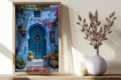 an image of a blue door with potted plants on the shelf next to it