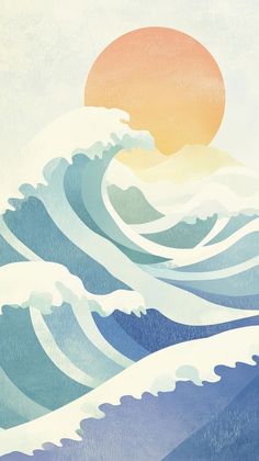 the sun is setting over an ocean wave with blue and white waves on it,